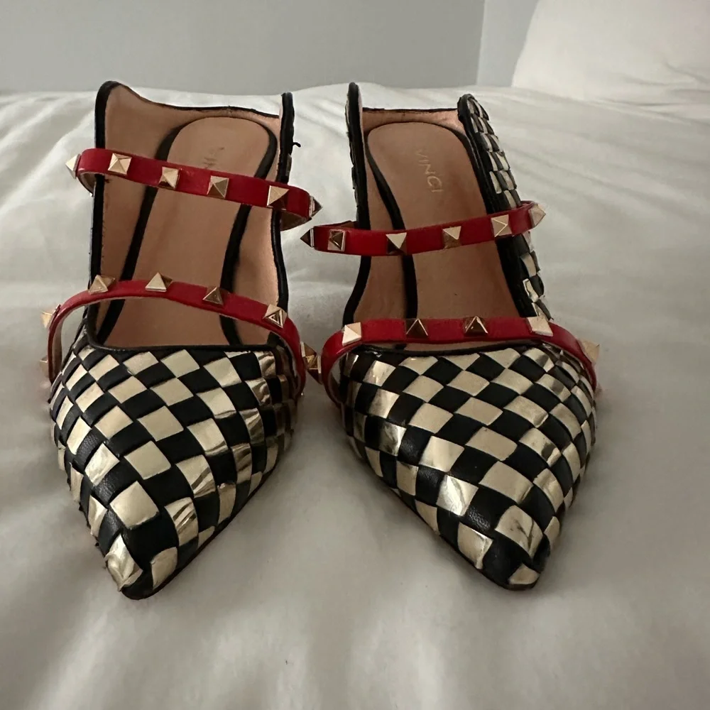 Elegant Black and Gold Checkered Heels with Red Accents